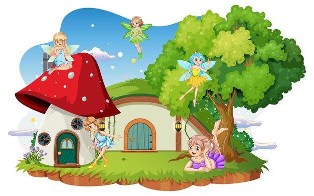 Fairies at hobbit house on white background