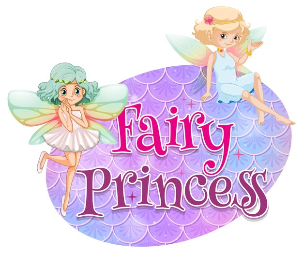 Fairy cartoon character with Fairy Princess font typography on pastel scales isolated