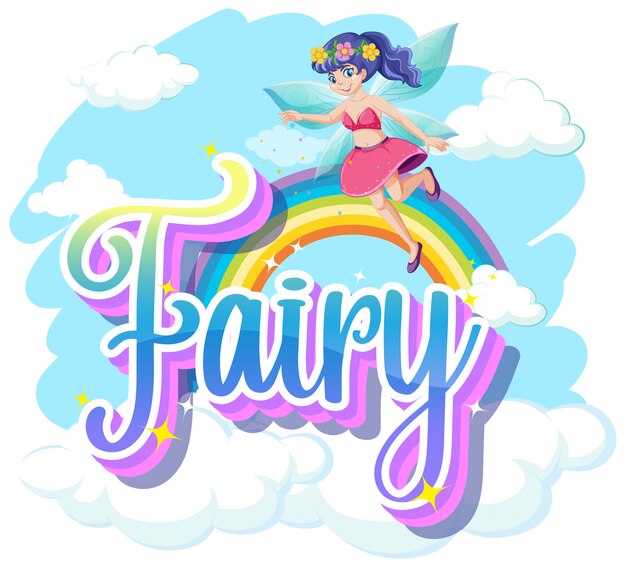 Fairy logo with little fairies on rainbow sky background