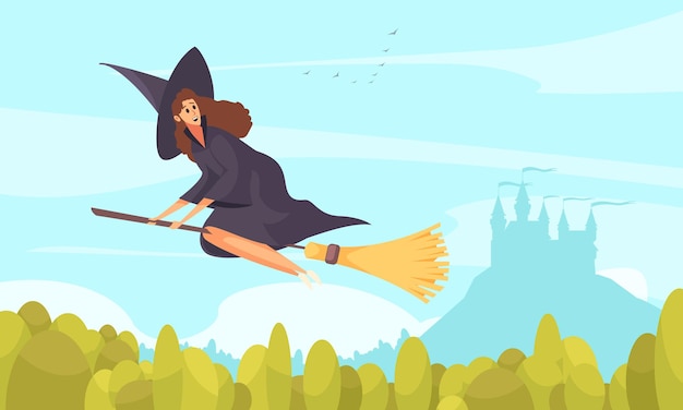 Fairy tale book flat illustration of witch flying on broom