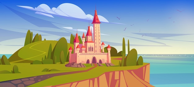 Fairy tale castle on island in sea Vector cartoon summer mediterranean landscape with sea shore green hills with trees and royal palace medieval castle with towers