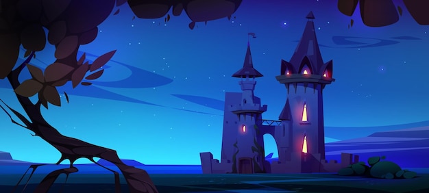 Free vector fairy tale castle under night starry sky cartoon