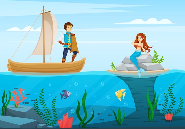 Free Vector fairy tale characters cartoon composition a scene from cartoon with the prince and the mermaid illustration