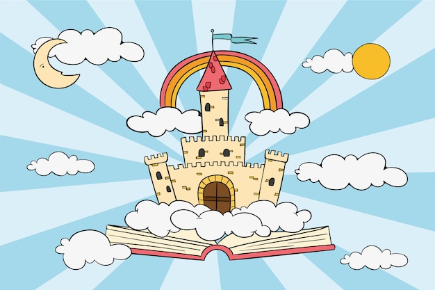 Fairy tale concept with castle and rainbow