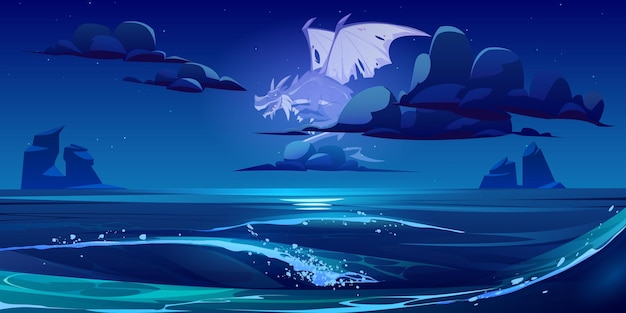 Fairy tale dragon ghost flying in sky under sea at night. Vector cartoon illustration of fantasy scary creature, soul of dead mythology beast with wings in dark sky with clouds