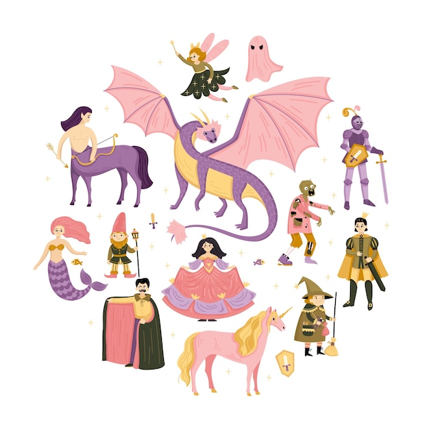 Free Vector fairy tale round composition with big dragon at the center unicorn dwarf marmaid fairy vector illustration