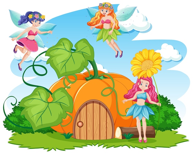 Free Vector fairy tales and pumpkin house cartoon style on white background