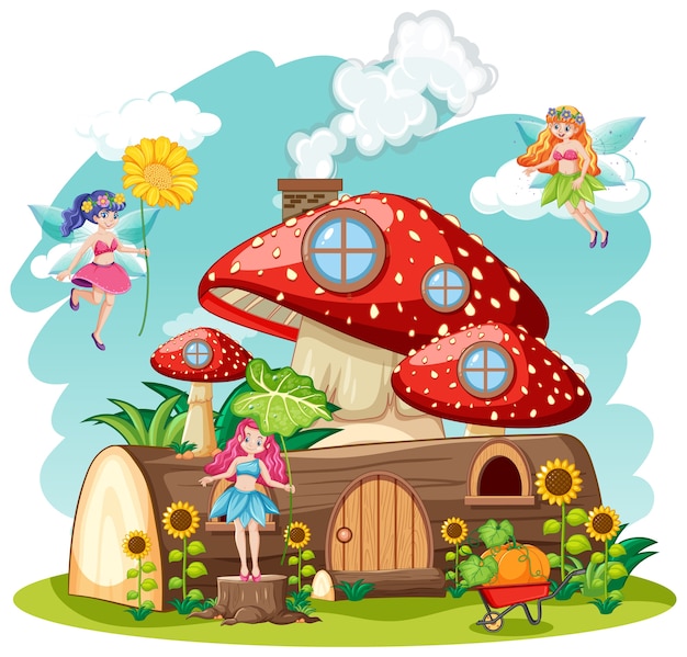 Free Vector fairy tales with mushroom and timber house isolated cartoon style on white background