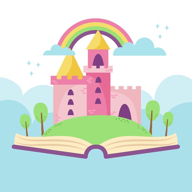 Fairytale castle in book with rainbow illustration