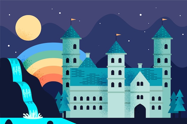 Free vector fairytale castle with rainbow concept