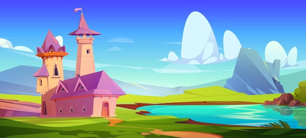 Free Vector fairytale castle with towers on lake shore