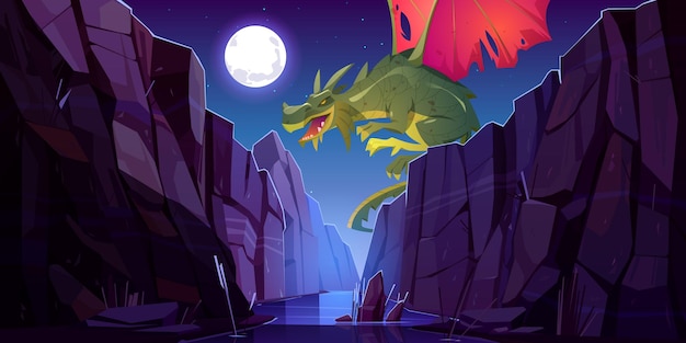 Fairytale dragon flying above river in canyon at night