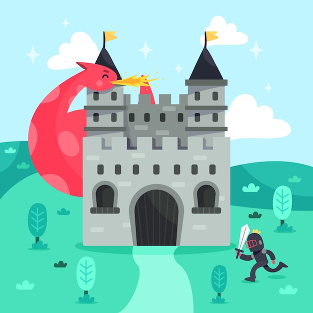 Free vector fairytale magical castle with knight