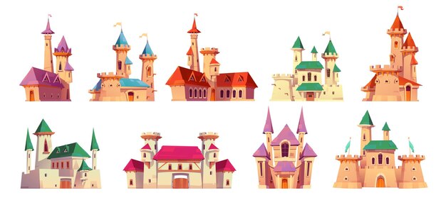 Fairytale medieval royal castle or fantasy princess palace cartoon vector illustration set of king houses with towers and flags gates and windows stone walls Ancient tale fortress for kingdom