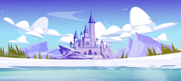 Free vector fairytale royal castle near rocky mountains in winter covered with snow cartoon vector landscape with mediaeval palace with gate and towers in middle of snowy meadow at hills and water lake