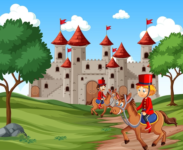 Fairytale scene with castle and soldier royal guard scene