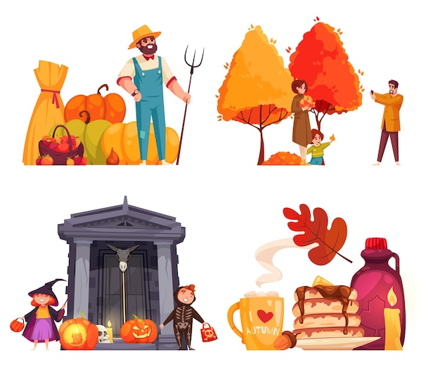 Free vector fall cartoon set with autumn symbols and holidays isolated vector illustration