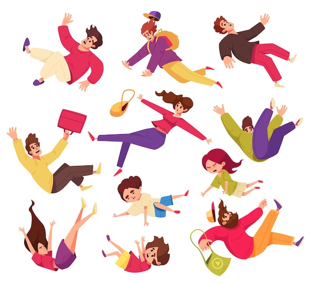 Free Vector falling people isolated icon set young adults and children fall from anywhere vector illustration