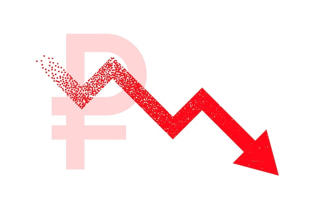 Falling ruble currency with red downfall arrow