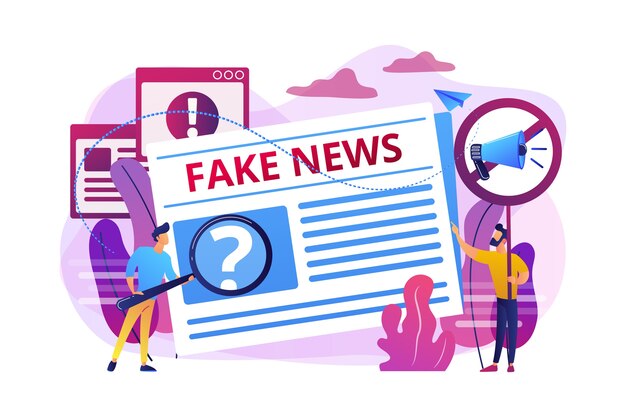 False information broadcasting. Press, newspaper journalists, editors. Fake news, junk news content, disinformation in media concept.  