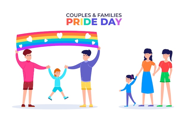 Free Vector families celebrating pride day