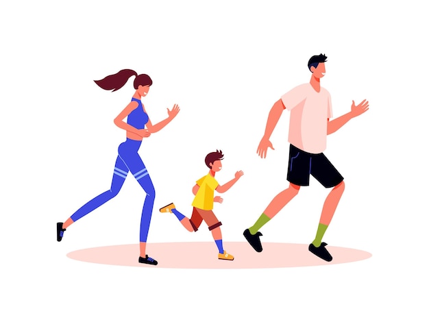 Family active holidays composition with characters of jogging parents with child