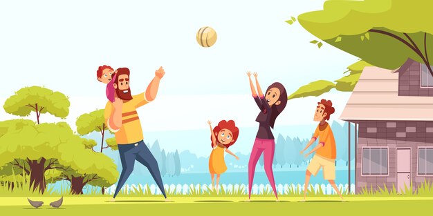 Family active holidays happy parents with kids during playing ball at summer outdoors cartoon 