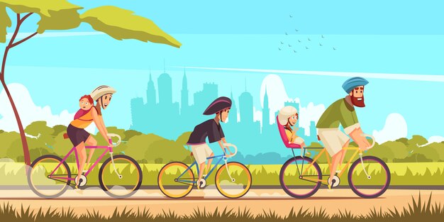 Family active holidays parents and kids during bicycle ride on background of city silhouettes cartoon 