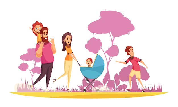 Free Vector family active holidays parents with kids during summer stroll on background of trees silhouettes cartoon 