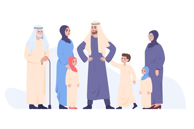 Family of Arab cartoon people in traditional clothes and hijabs. Young and old Saudi Muslim men and women, husband, wife and kids flat vector illustration. Religion, family, culture concept for banner