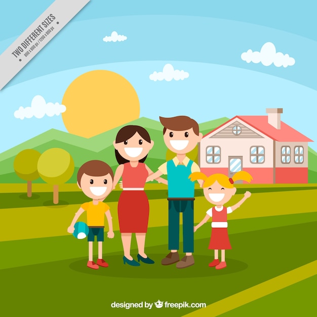 Family background with a house in the field in flat design