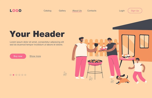 Free Vector family barbecue dinner. mother, father and kid with dog grilling bbq meat in garden.  landing page. for eating outdoors, backyard, house concept