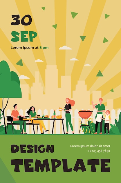 Free vector family barbecue party on backyard. people grilling food in park or garden, sitting at table and eating. flyer template