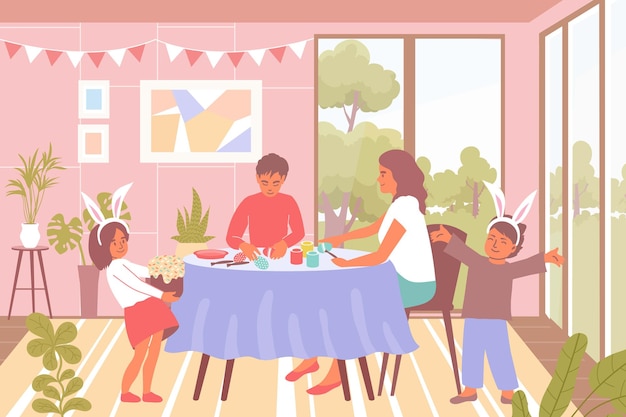 Family celebrating easter flat background with kids in rabbit suits and decorating eggs at table illustration