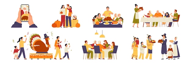 Free Vector family celebrating thanksgiving day and having festive dinner flat set isolated vector illustration