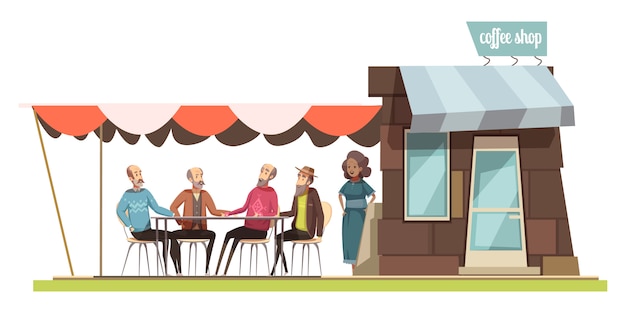 Free Vector family in coffee shop design composition with cartoon figurines of young woman and four elderly men talking at leisure vector illustration