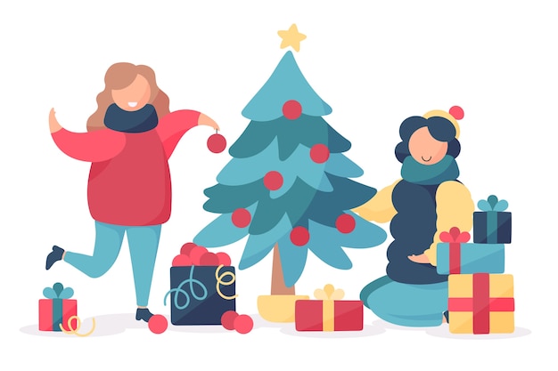 Free Vector family decorating christmas tree