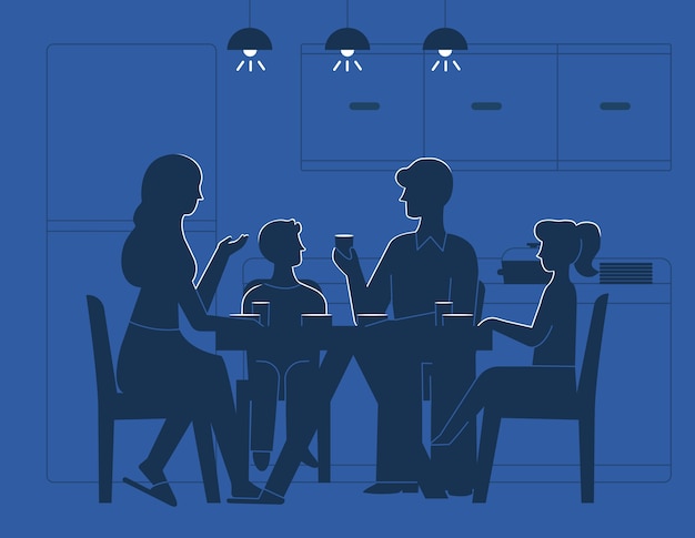 Family at dinner table illustration