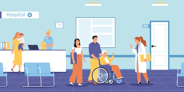 Free Vector family doctor composition with indoor scenery of hospital reception desk with family members and medical specialists vector illustration