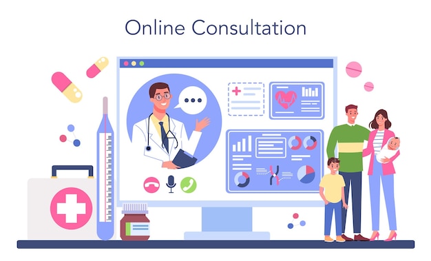 Family doctor online service or platform Healthcare modern medicine treatment expertize and diagnostic Online consultation Flat vector illustration