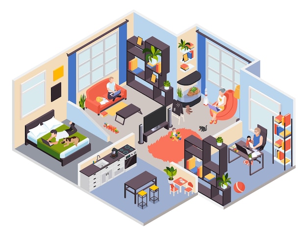 Family doing activities at home isometric illustration