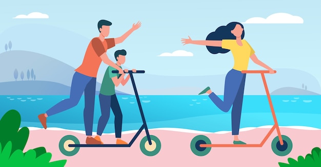 Family enjoying activities at seaside. Parents and kid riding scooter by sea flat vector illustration. Vacation, summer, holiday