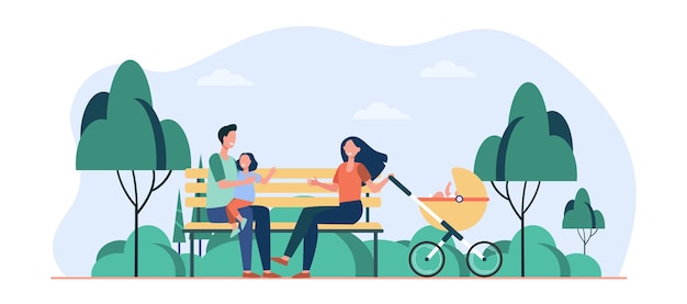 Free Vector family enjoying leisure time in park. parents, kid sitting on bench at stroller. cartoon illustration