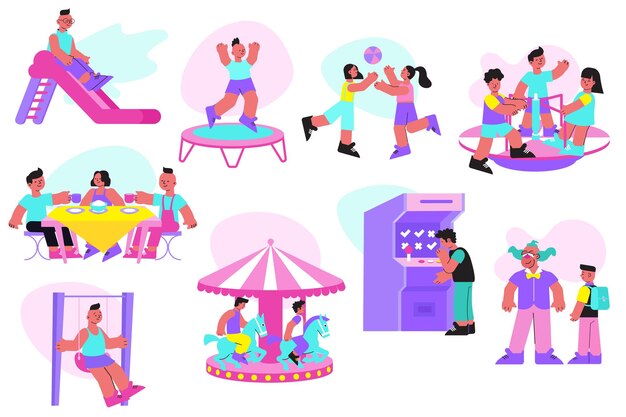 Family entertainment center flat set with children cafe trampoline slide swing riding carousel slot machines vector illustration