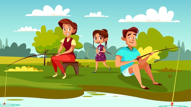 Family fishing illustration of mother, father and daughter on weekend holiday.