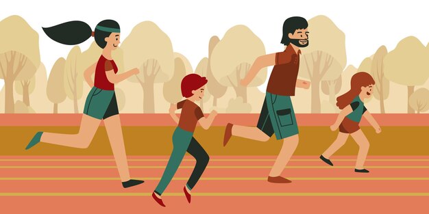 Family fitness composition with outdoor scenery of running track with family members characters jogging in uniform illustration