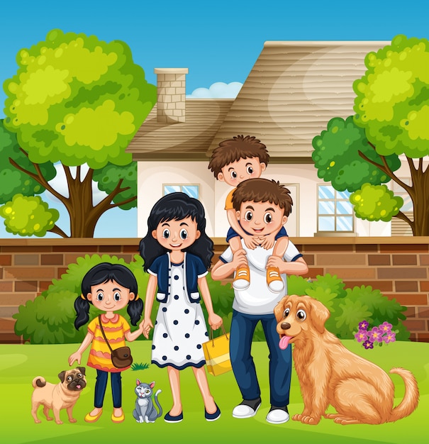 Free Vector family in front of the house