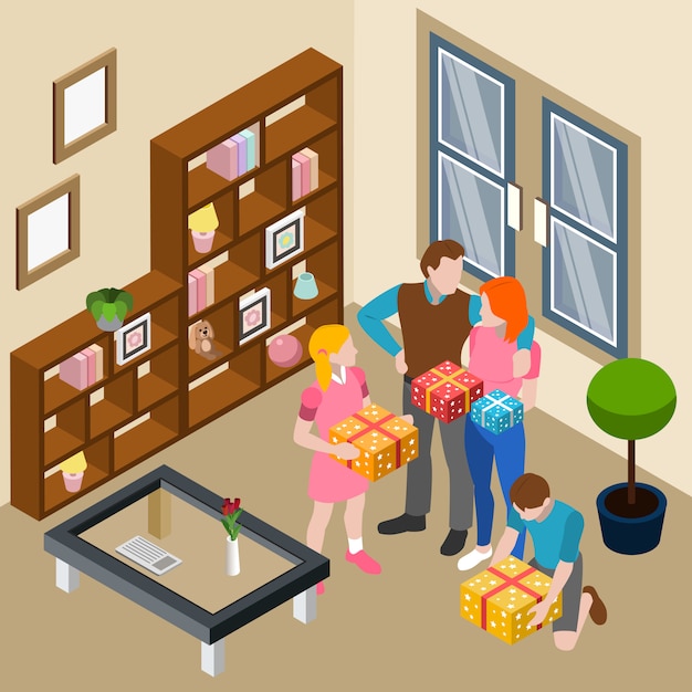 Family giving gift boxes at home