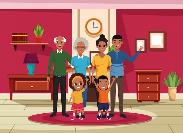 Family grandparents, parents and kids cartoons