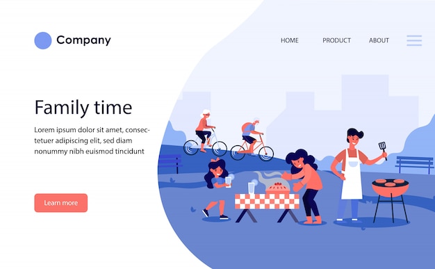 Free Vector family having barbeque in public park. website template or landing page